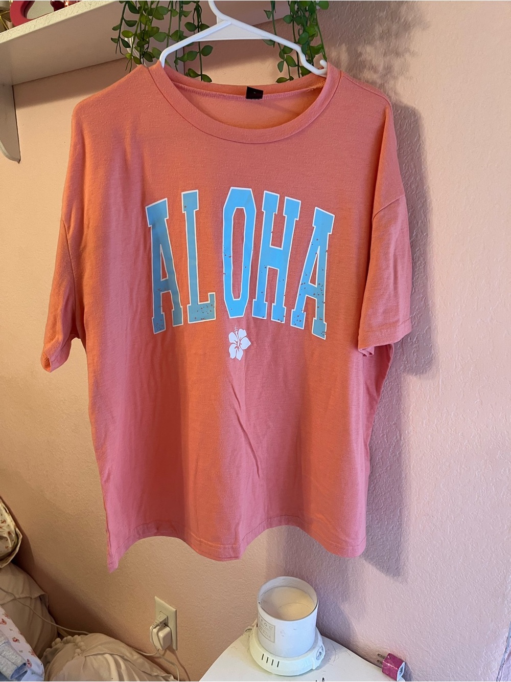 SHEIN Coral ALOHA Short Sleeve Tee with Blue Lettering